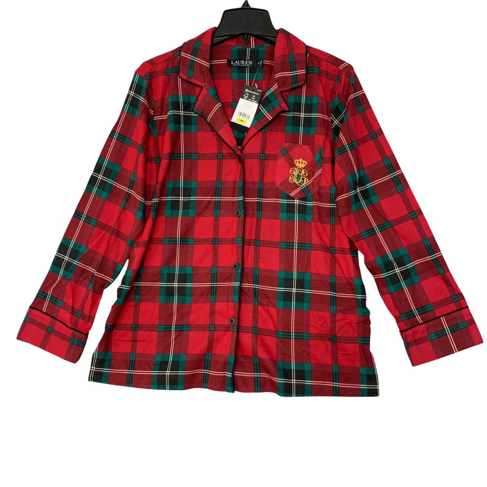 NWT Lauren Ralph Lauren Women's M Red Plaid Pajama Top Cotton Blend Flannel
